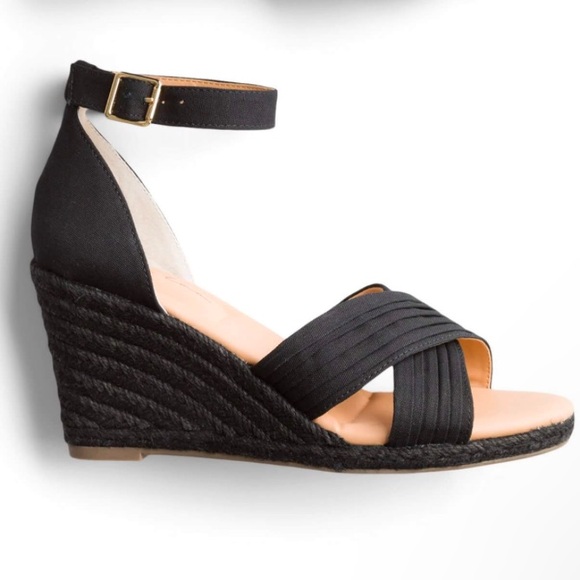 me too Shoes - Me Too Bellini 12 black canvas wedge ankle strap sandals